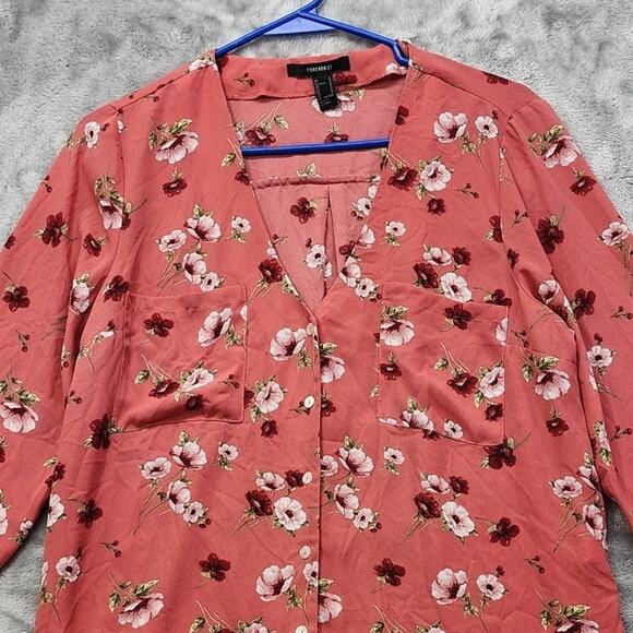 Forever 21 Top Womens M Pink Floral V-Neck Long Sleeve Button Front Preppy - Picture 2 of 9
